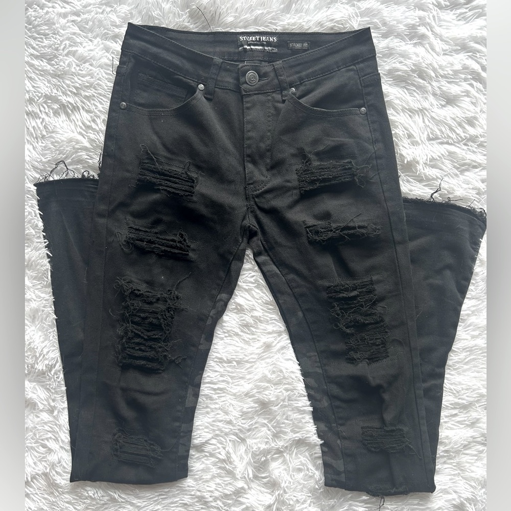 Street Jeans – Distressed Stacked Fit Black Jeans